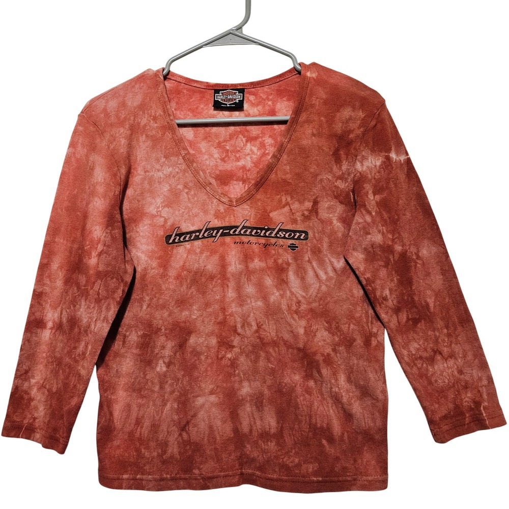 Harley Davidson RED Rust Tie Dye V Neck 3/4 Sleeve Women Size L Motor Cycles Y2K